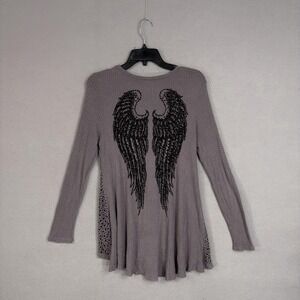 Vocal Shirt Womens Large Gray Thermal Angel Wings Sequin Back Tunic Top USA Y2K